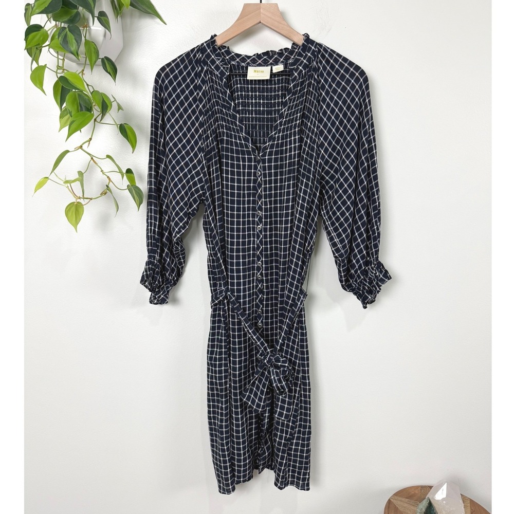 Maeve Anthropologie Sara Smocked Shirtdress Windowpane Plaid Tie Waist S